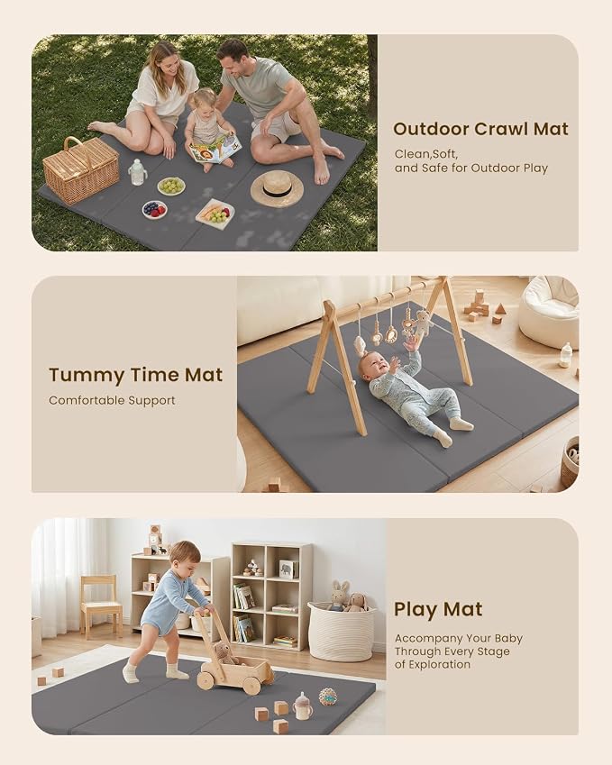 SEPARO Foldable Baby Play Mat,Vegan Leather 47x47 Baby Mat for Floor,Grey | Trifold Waterproof Playmat for Babies,Soft Foam Tumbling Mat,Wipe-Clean&Non-Slip Outdoor Mats,Playmate for Baby Tummy Time