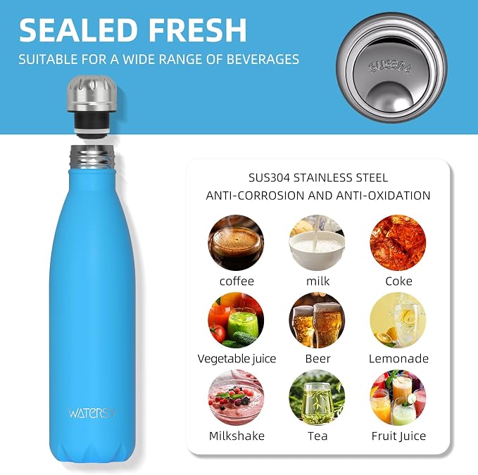 WATERSY Stainless Steel water bottles,17oz/500ml Insulated Water Bottle | Blue metal water bottle Keeps Drink Cold and Hot,BPA Free kids water bottles for School,Gym,Travel,Sports