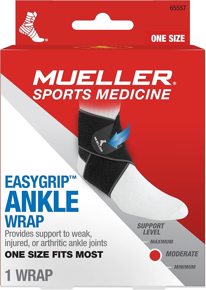 MUELLER Sports Medicine Easy Grip Adjustable Ankle Wrap, Ankle Pain Relief Support for Men and Women, Ideal for Sprains, Strains, Arthritis, Black, One Size