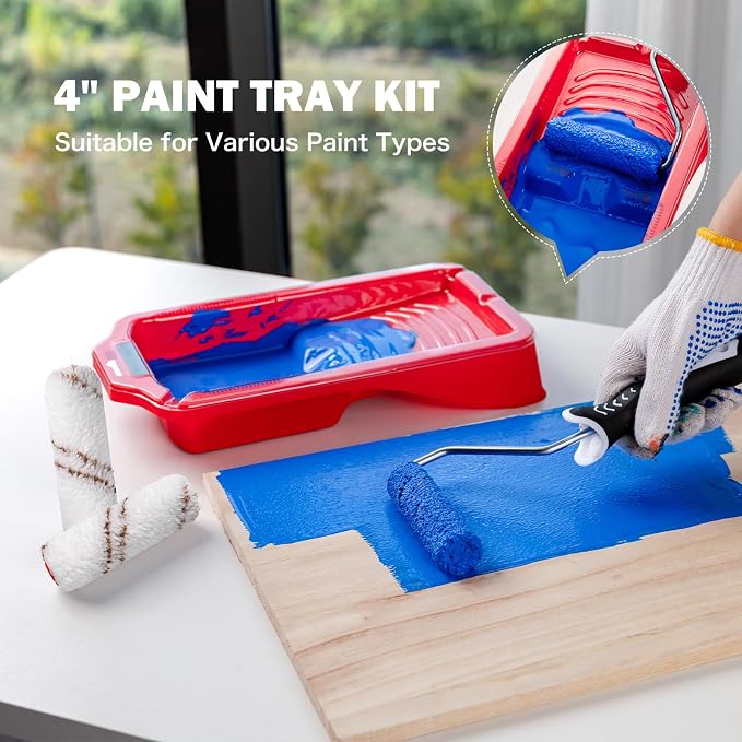 Mister Rui Mini Paint Roller Kit-13 Piece, Small Roller Paint Brush & Frame | 4-Inch Microfiber Paint Rollers, Paint Tray with 3 Liners, Ergonomic Handle for Painting Wall, Cabinets, Trim, and Touch-Ups
