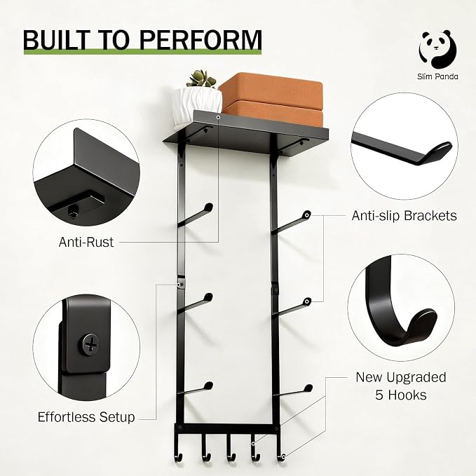 Yoga Mat Holder Wall Mount with Mesh Bag | 4-Tier Metal Storage Rack, Floating Shelf & 5 Hooks, Large Home Gym Organizer