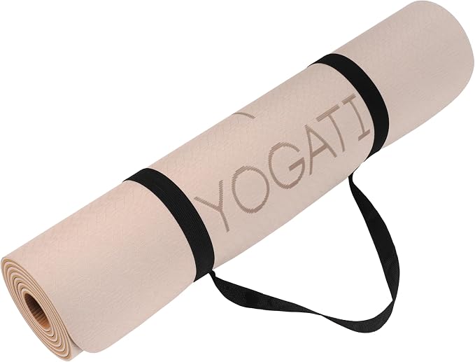 YOGATI® Yoga Mat with Strap with Alignment Lines. Home Workout Mat for Women, Men and Kids. Thick Non Slip Yoga Mat for Pilates and Fitness. Brown, Pink and Purple Yoga Mats