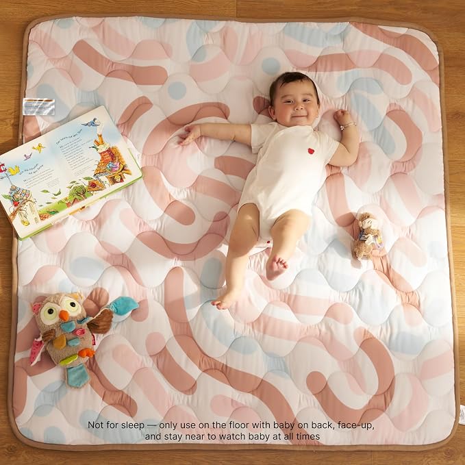 Momcozy Baby Play Mat for Floor, 50"x50" Thickened Playpen Mat | Playmate for Baby Tummy Time, Waterproof & Non-Slip, Foldable Outdoor Mat with Carrying Handle, Happy Doodles