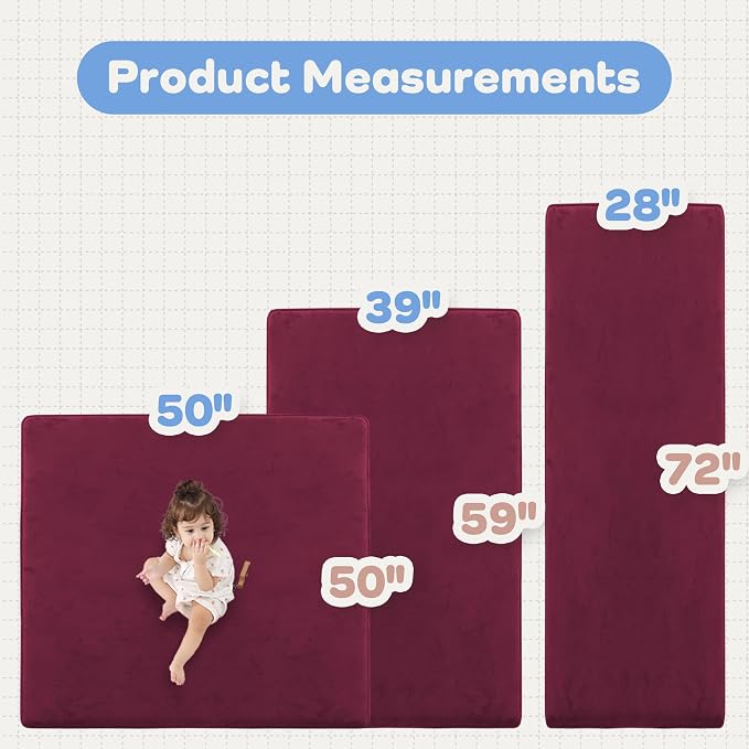 1.3" Thick Baby Floor Play Mat 50x50 Padded Foam Mat, Burgundy | Memory Mat for Baby to Play on Floor Waterproof Easy Care with Non-Slip Tummy Time Play Mat for Nursery Playroom Classroom