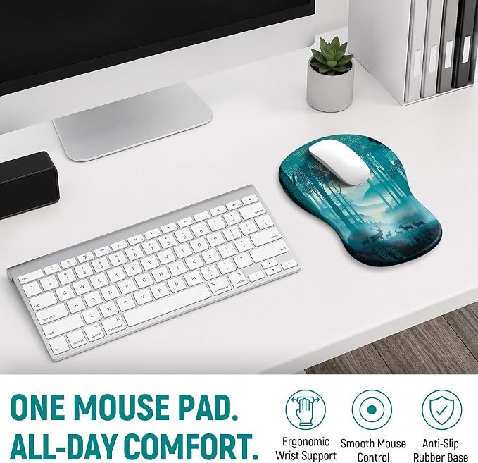 Ergonomic Mouse Pad with Wrist Rest, Gel Wrist Support, Deer Forest | 10.2 x 7.6 in Mouse Pad with Smooth Fabric Surface and Non-Slip Rubber Base for Office, Home, Study, and Gaming