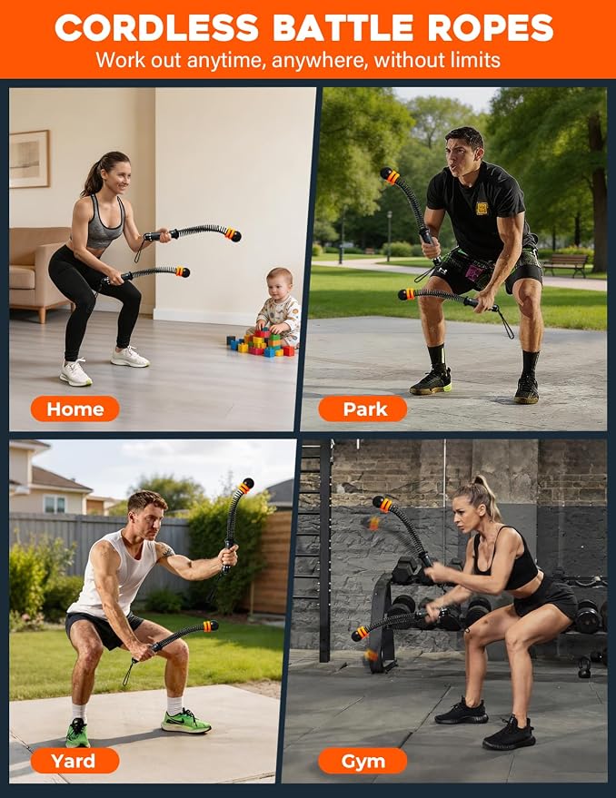 Cordless Battle Ropes 2 Pack Adjustable Weight Portable Ropeless Battle Ropes for Home Gym Full Body Workout with Non Slip Handle and Training Poster for HIIT Cardio Strength Training Men Women,Black