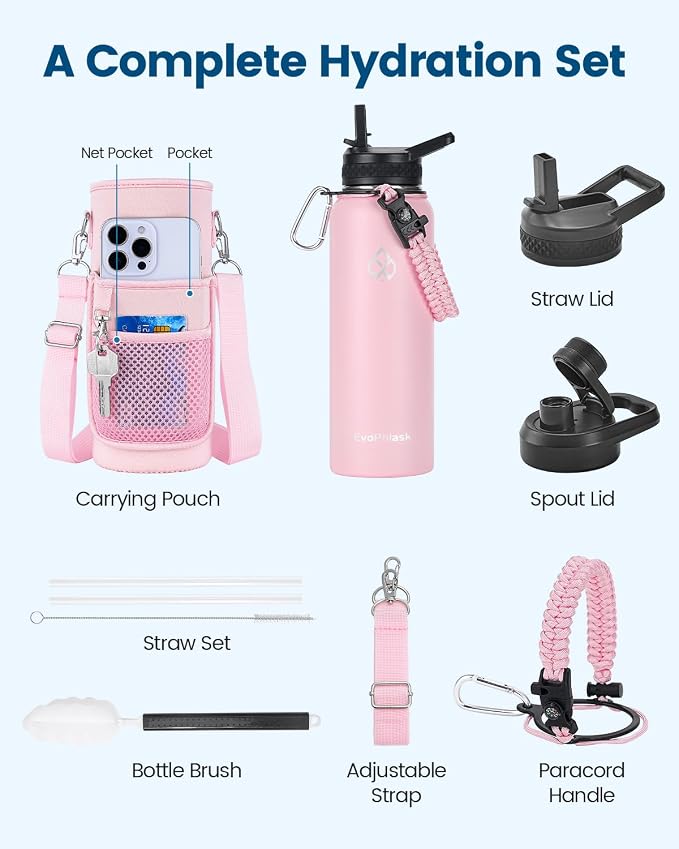 Insulated Water Bottle 40 oz with Carrier Bag, Pink | Stainless Steel, Vacuum Insulated Keep Cold 48 Hrs, Large Metal Water Jug, For Travel, Sport, Gym, Hiking