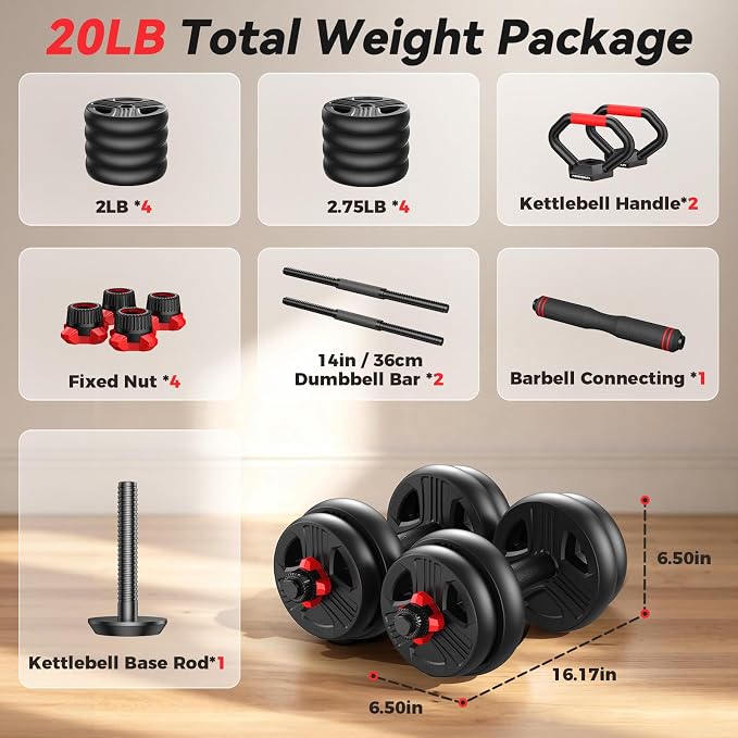 FITPLAM Adjustable dumbbell set,20/35/45/55/70/90lbs Free Weights set with upgraded nut, 5 in 1 Weight Set Used as Kettlebells, Barbell, Push up Stand, Fitness Exercise for Home Gym Suitable Men/Women