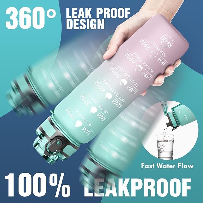 OLDLEY Water Bottle, 32oz Motivational Sports Water Bottle with Time Marker - Times to Drink - Tritan, BPA Free, Wide Mouth Leakproof,Bubble Gum