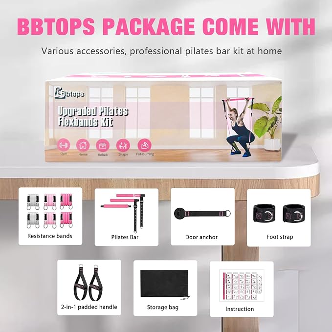 Bbtops Pilates Bar Kit with Resistance Bands,Pilates Bar with Stackable Bands Workout Equipment for Legs,Hip,Waist and Arm,Exercise Fitness Equipment for Women & Men Home Gym Yoga Pilates