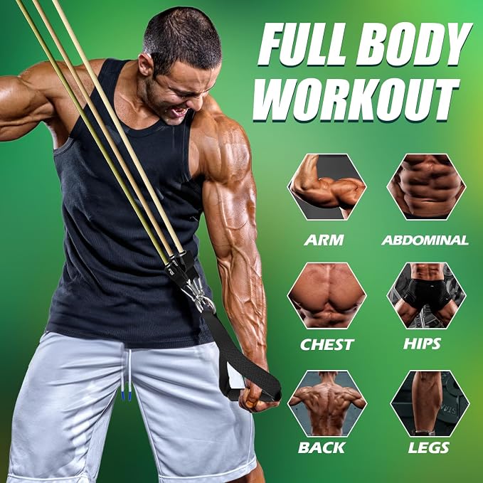 WHATAFIT Resistance Bands with Handles, 5-Level Exercise Bands for Workout | Natural latex,10-50 lbs, stackable to 150,Ankle Straps, Door Anchor,Guide. For Strength, Yoga,Home Gym,Travel & Workout.