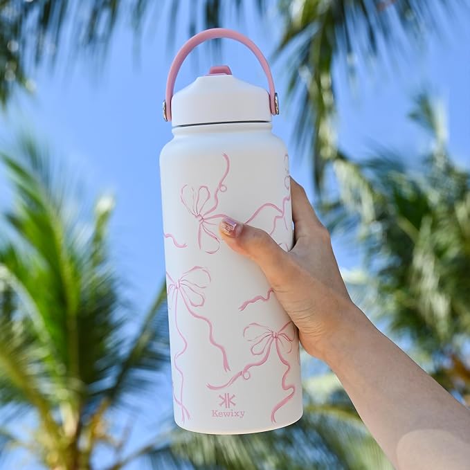 32 oz Insulated Water Bottle with Straw, Bow Water Bottle Stainless Steel with Flip Straw and Handle, Leak Proof, Metal, Reusable, Wide Mouth, for Travel, Gym and School (Breeze Pink Bow)