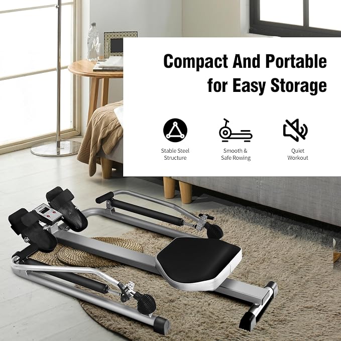 GYMAX Rowing Machines for Home, Hydraulic Rower with LCD Monitor, Adjustable Resistance up to 110LBS & Large Cushioned Seat, 265LBS Quiet Rowing Machine for Aerobic Workout Exercise Fitness