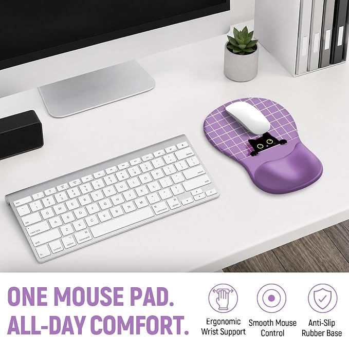 Ergonomic Mouse Pad with Wrist Rest, Gel Wrist Support, Purple Cat | 10.2 x 7.6 in Mouse Pad with Smooth Fabric Surface and Non-Slip Rubber Base for Office, Home, Study, and Gaming