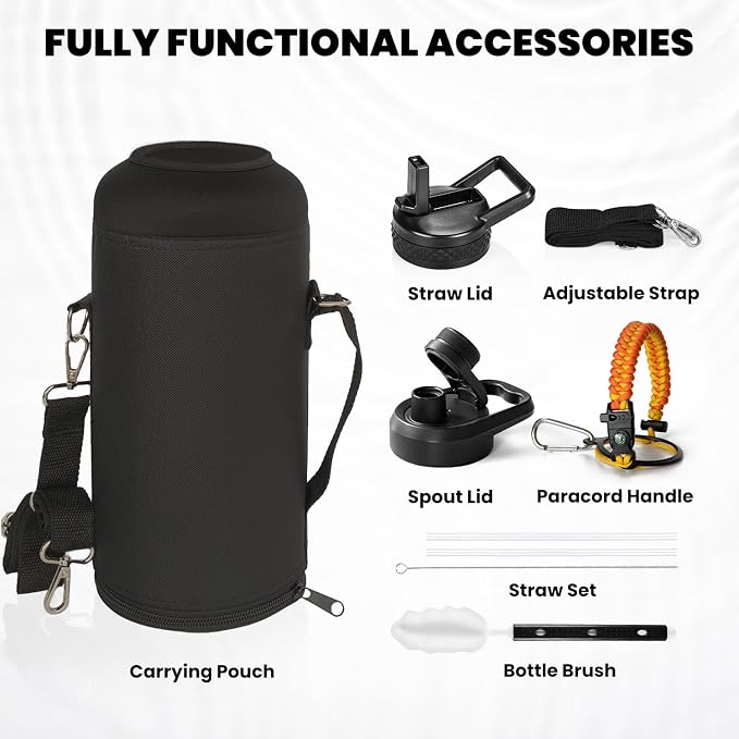 RAYMYLO Insulated Water Bottle 87 oz, Triple Wall Vacuum Stainless Steel | Cold for 48 Hrs), Leak Proof & Non-BPA, Modern Water Flask Jug with Paracord Handle & Straw Spout Lids, Ombre Orange