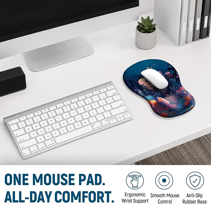 Ergonomic Mouse Pad with Wrist Rest, Gel Wrist Support, Jellyfish | 10.2 x 7.6 in Mouse Pad with Smooth Fabric Surface and Non-Slip Rubber Base for Office, Home, Study, and Gaming