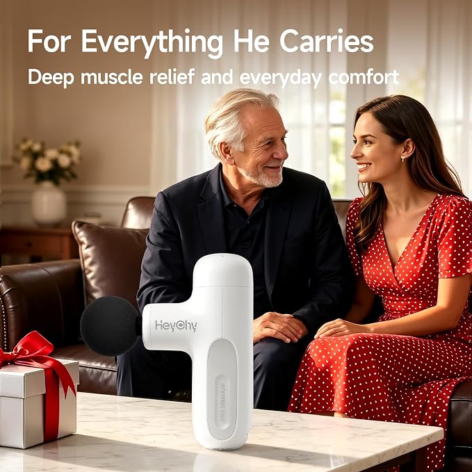 HEYCHY Super Mini Massage Gun Deep Tissue, Handheld Muscle Massager with 4 Heads, Percussion Travel Size Massager Gun FSA Eligible for Men Women Back Relief, Quiet for Home, Gym, Office, HSA, White