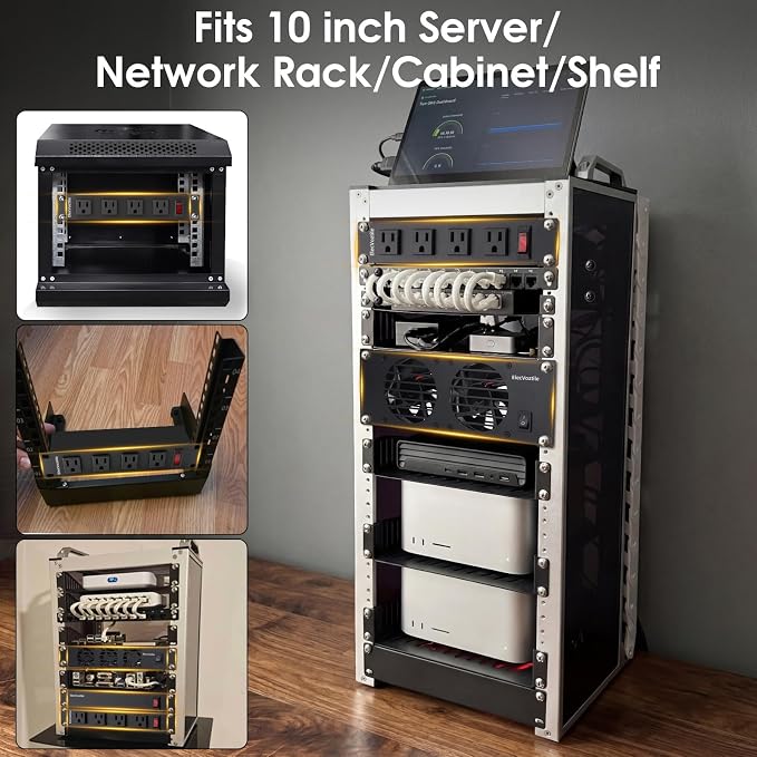 10 inch Rack PDU, 8 Outlets, Surge Protected, Metal Case | Heavy Duty, 4 Front & 4 Rear Outlets, 15A Overload Switch, 1U RackMount, Rear Power Cord, Ideal for 6U+ Mini Server Rack