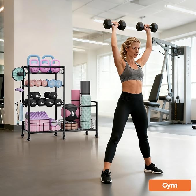 HavenlyYouth Dumbbell Rack, Home Gym Weight Rack Storage, Adjustable Dumbbell Stand Organizer with Wheels, Holds Dumbbells, Kettlebells, Yoga Mats