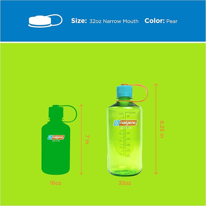 Nalgene 32 oz Narrow Mouth Water Bottle, Pear | BPA-Free, Durable & Lightweight, Leak Proof, Dishwasher Safe, Large Reusable Plastic Bottle for Hiking, Gym, Work & Travel