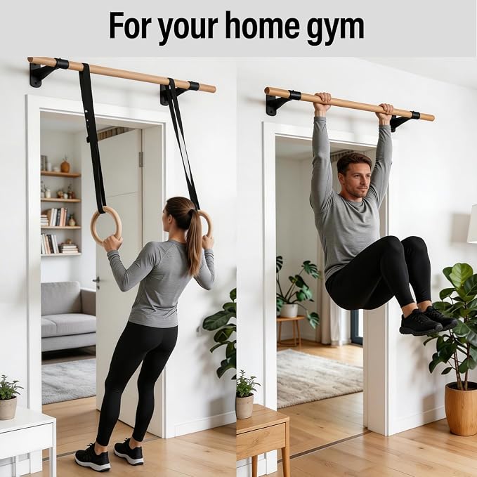 Wall Mounted Pull Up Bar | Solid Wood Pull Up Bar for Home Gym | 286 lb Chin Up Bar with Fischer Anchors | 1.14 in Grip Hanging Bar for Rope & Ab Training