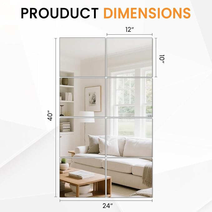 Full Length Wall Mirror Tiles, HD Glass Home Gym Mirror, 12Pcs 12"x10" Wall Mounted Mirrors for Home Gym, Dance Yoga Studio, Bedroom, Door