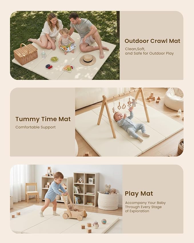 SEPARO Foldable Baby Play Mat,Vegan Leather 47x47 Baby Mat for Floor,Beige | Trifold Waterproof Playmat for Babies,Soft Foam Tumbling Mat,Wipe-Clean&Non-Slip Outdoor Mats,Playmate for Baby Tummy Time