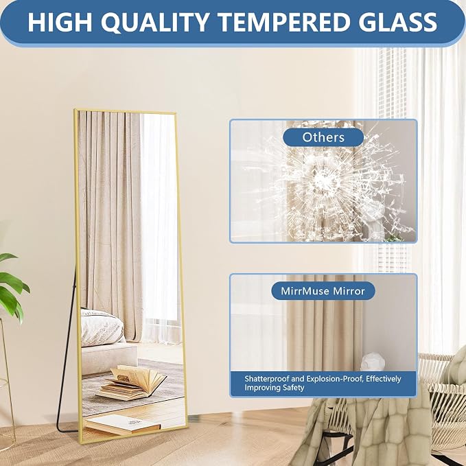 MirrMuse 56"x18" Full Length Mirror, Gold Floor Mirror with Stand | Rectangular, Slim Aluminum Frame, Tempered Glass, for Living Room Bedroom Cloakroom Dorm, Hanging or Leaning Against Wall