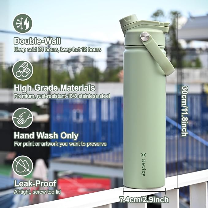 KEWIXY 24 oz Insulated Water Bottle, 2-in-1 Lid, Straw & Spout with Protected, Leak Proof, Keep Cold, Stainless Steel, Metal, Reusable, Handle, for Travel, Gym and School, 2 Lids, Sage Green