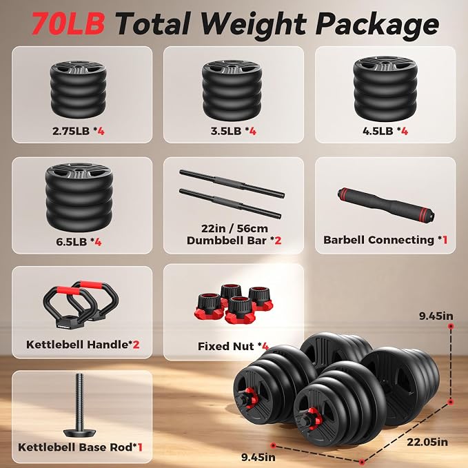 FITPLAM Adjustable dumbbell set,20/35/45/55/70/90lbs Free Weights set with upgraded nut, 5 in 1 Weight Set Used as Kettlebells, Barbell, Push up Stand, Fitness Exercise for Home Gym Suitable Men/Women
