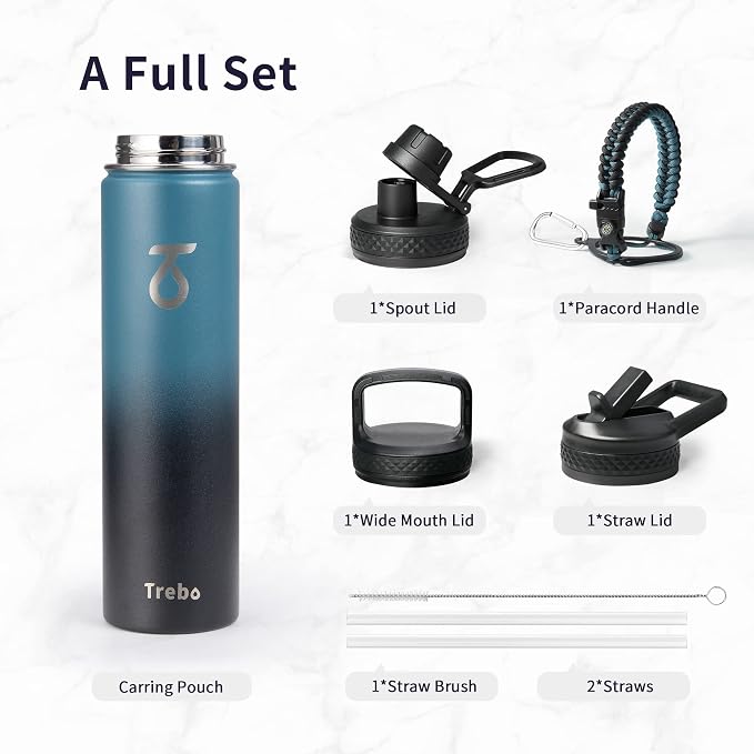 Trebo Insulated Water Bottle 24 oz with 3 Lids, Paracord Handle | Stainless Steel Metal Flask Vacuum, Triple Wall Copper Plated, Dishwasher Safe, Cold 48Hrs for Hiking, Fits in Car Holder