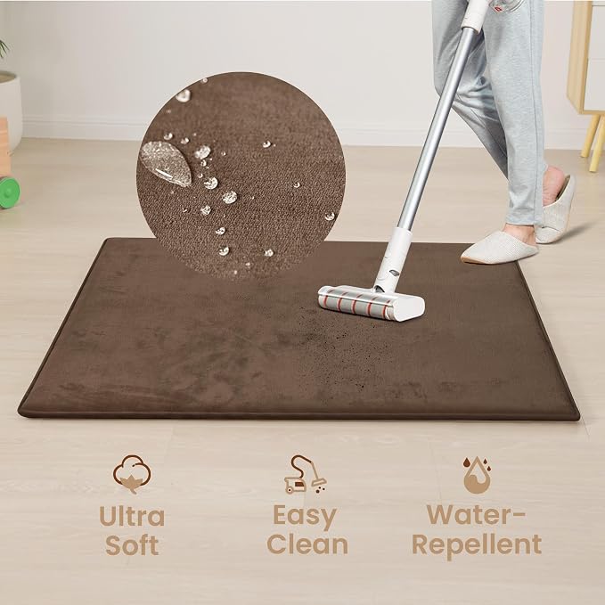 Baby Play Mat for Floor,1.3" Thick Elasti-Foam 74"×50" Playpen Mat, Non-Toxic Certified Water-Repellent Coral Velvet, Non-Slip Safe Crawling Mat for Tummy Time, Toddler & Infant(Dark Brown)