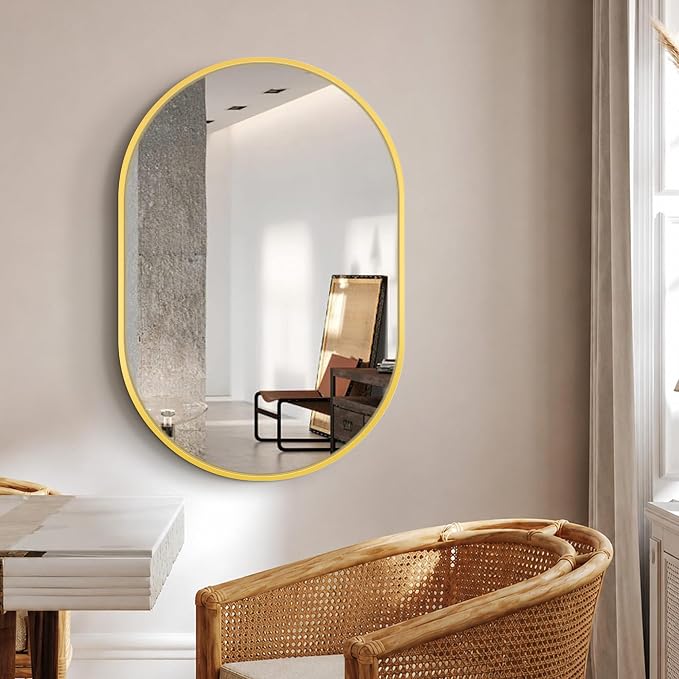 Oval Bathroom Vanity Mirror for Wall, 28''x20'' Gold Oval Bathroom Mirror for Over Sink, Bedroom, Living Room, Entryway, HD Tempered Glass, Wall Mounted Horizontally or Vertically