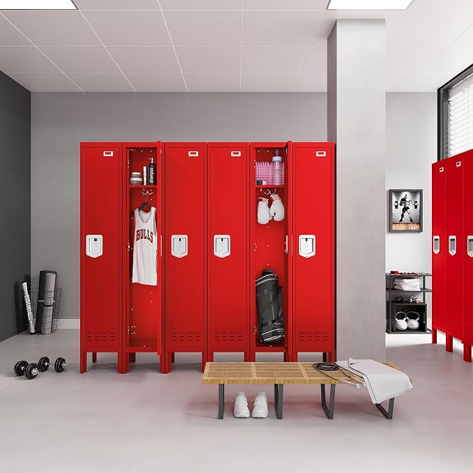 BUTISOW Metal Storage Locker with Lock & Card Slot Locker - Secure Lockable Door - Steel Locker for School, Office, Gym, Home - 66.15" H x 11.8" W x 11.8" D(1 Door, Red)