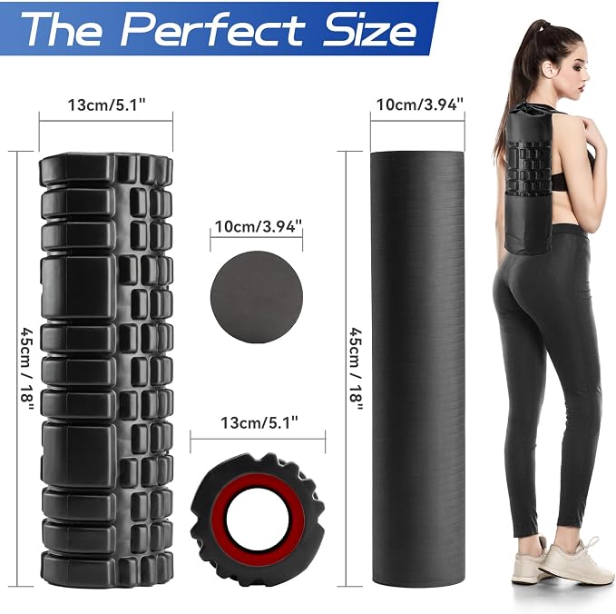 Krightlink 2-in-1 18" Foam Roller Set for Deep Muscle Massage | Foam Roller Trigger Point Release Back Roller for Fitness Relieves Muscle Pain Myofascial Pilates, Yoga (Black)