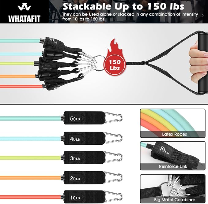 WHATAFIT Resistance Bands with Handles, 5-Level Exercise Bands for Workout | Natural latex,10-50 lbs, stackable to 150,Ankle Straps, Door Anchor,Guide. For Strength, Yoga,Home Gym,Travel & Workout.