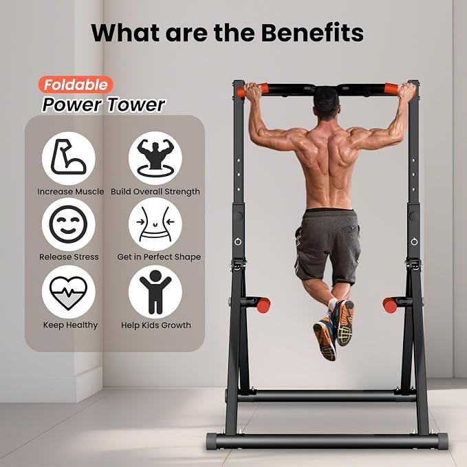 WATBKHE Power Tower Pull Up Dip Station Foldable, Pull Up Bar Station Adjustable, Multi-Function Home Gym, Strength Training Fitness Equipment, Triangular Design, for Home Outdoor