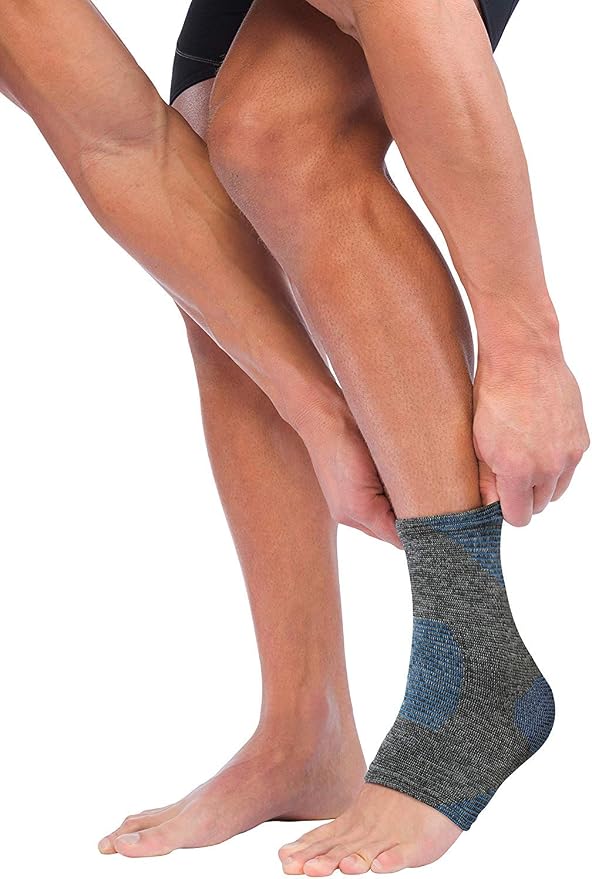Mueller Sports Medicine FIR 4-Way Ankle Support Sleeve, Ankle Pain Relief Support for Men and Women, Ideal for Sprains, Strains, Arthritis, Black/Blue