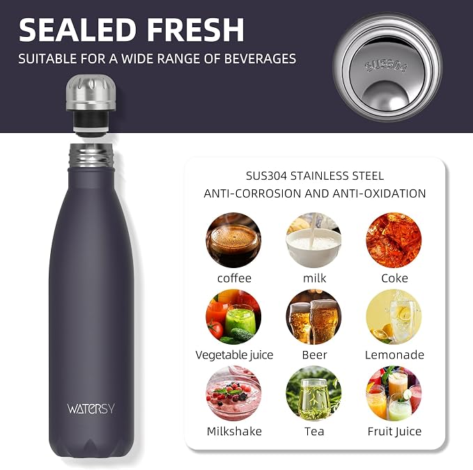 WATERSY Stainless Steel water bottles,17oz/500ml Insulated Water Bottle | Dark Purple metal water bottle Keeps Drink Cold and Hot,BPA Free kids water bottles for School,Gym,Travel,Sports