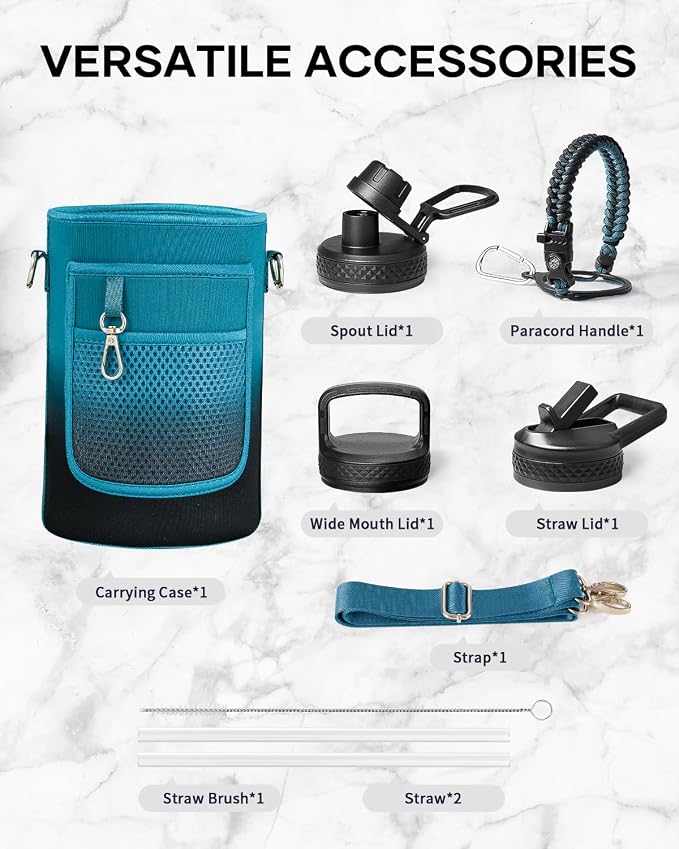 Trebo 64 oz Water Bottle Stainless Steel with 3 Lids, Paracord Handle & Bag | Half Gallon Large Insulated Jug, Triple Wall Vacuum Copper Plated, Dishwasher Safe, Cold 48Hrs for Outdoor, Hiking, Gym