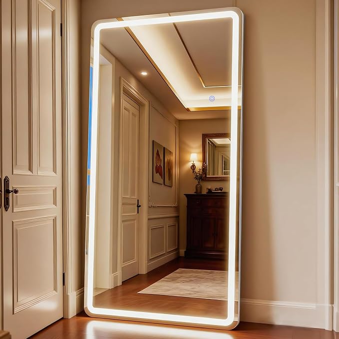 Large Led Mirror Full Length 34 x 76 Inch Tempered Glass | Full Body Mirrors with Dimming & 3 Color Lighting Standing Leaning or Hanging led Mirrors for Bedroom Dressing Room Rect