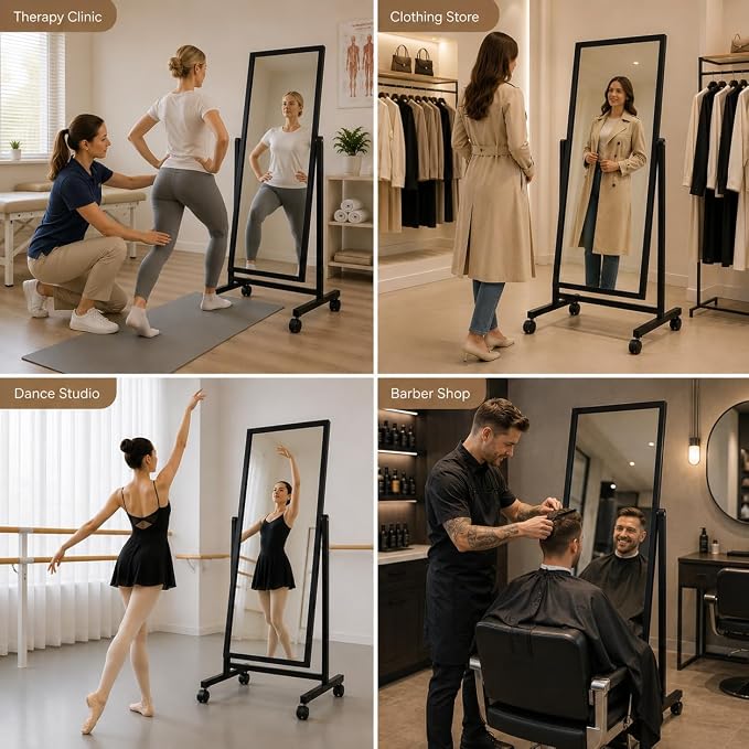 Swivel Adjustable Full Length Mirror on Wheels, 65"x22" Mobile Wood Frame Cheval Bedroom Free Standing Floor Mirror with Stand, Tiltable, Easy to Move (Black-65 x22)
