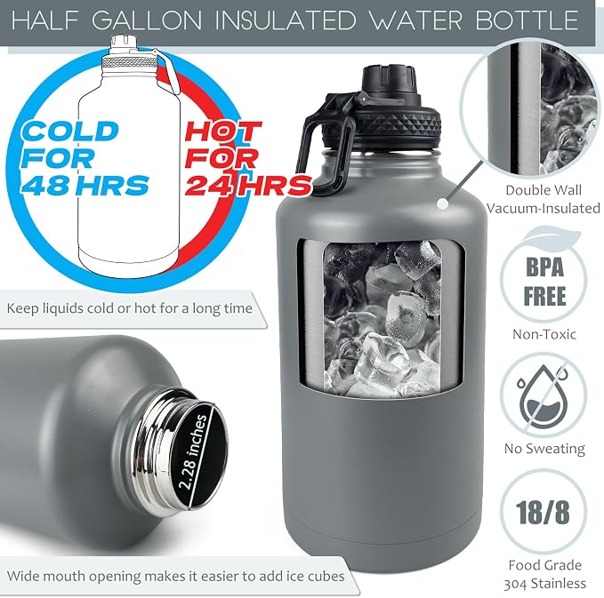 DEFUNX 64 Oz Water Bottle with Sleeve - Half Gallon Insulated Water Jug with Handle - Stainless Steel Sports Bottle for Gym Workout Hiking Glacier Grey