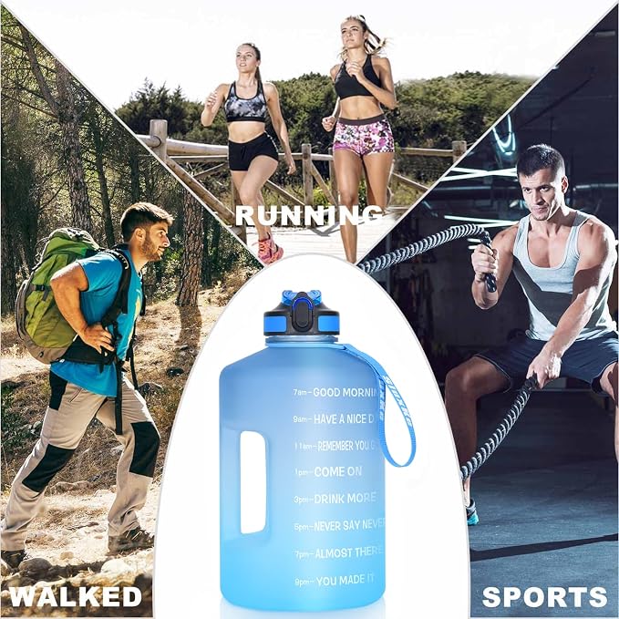 SLUXKE 1 Gallon Motivational Sports Water Bottle with Time Marker, BPA Free 128oz Leak Proof Jug, Black, Plastic, 128 ounces, Fitness, Sports, Outdoor Activities