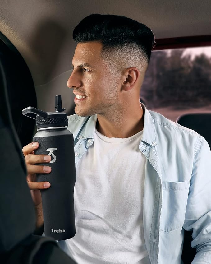 Trebo 32 oz Water Bottle Insulated Fits in Any Car Cup Holder with 2 Lids | Stainless Steel T-shape Tumbler with Paracord Handle, Triple Wall Vacuum Copper Plated, Cold 48 Hrs for Travel, Leakproof