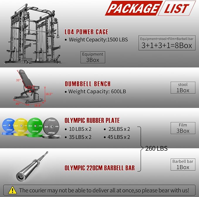 Smith Machine with Cable Crossover System, Multi-Function Power Cage Squat Rack for Home Gym, Power Rack and Packages Weight Sets.