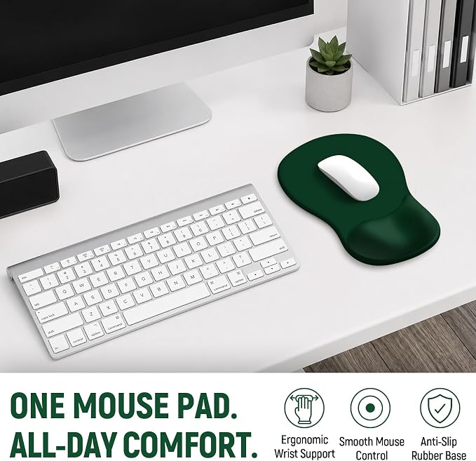 Ergonomic Mouse Pad with Wrist Rest, Gel Wrist Support, Dark Green | 10.2 x 7.6 in Mouse Pad with Smooth Fabric Surface and Non-Slip Rubber Base for Office, Home, Study, and Gaming