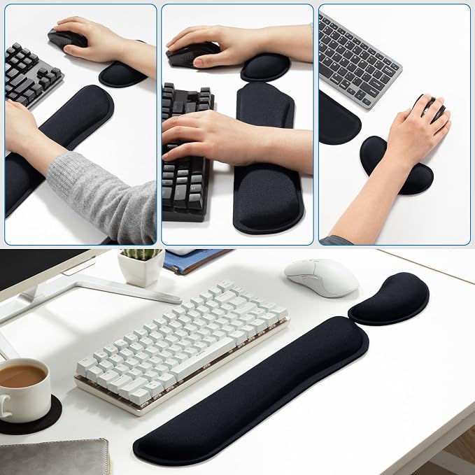 Leolee Gel Memory Foam Keyboard Wrist Rest, Black 5 in 1 Wrist Rest Set | for Computer Keyboard and Mouse, Ergonomic Wrist Support with Non-Slip Base for Pain Relief, Typing, Gaming, Office