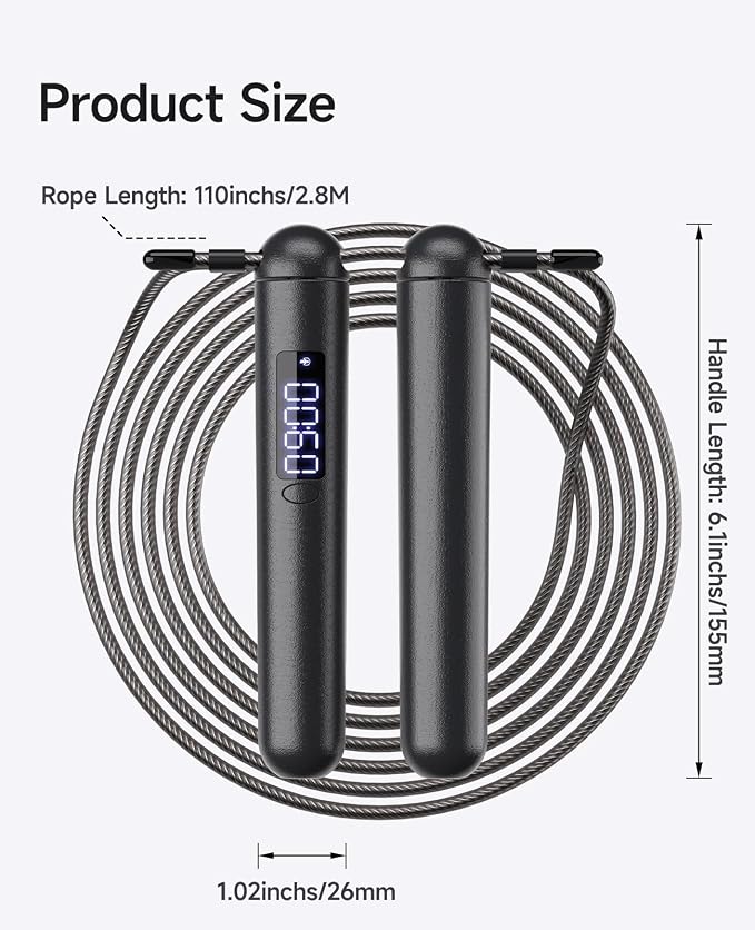 ACHDOFITS Jump Rope with Smart Counter for Adults | Tangle-free Steel Core, 170g. Fits 5'-6'5". 4 Modes: Beginner-HIIT. Rechargeable. For Women & Men. Tracks Calories & Jumps.
