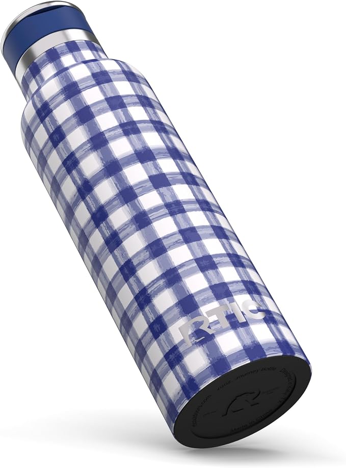 RTIC 20oz Journey Water Bottle Ceramic Lined Metal Stainless Steel Vacuum Insulated, BPA Free, Reusable, for Water, Hot and Cold Drinks, Travel, Sports, Camping, Cobalt Gingham